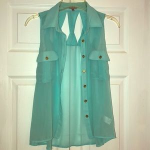 Charlotte Russe Turquoise Sheer ButtonUp VestTank